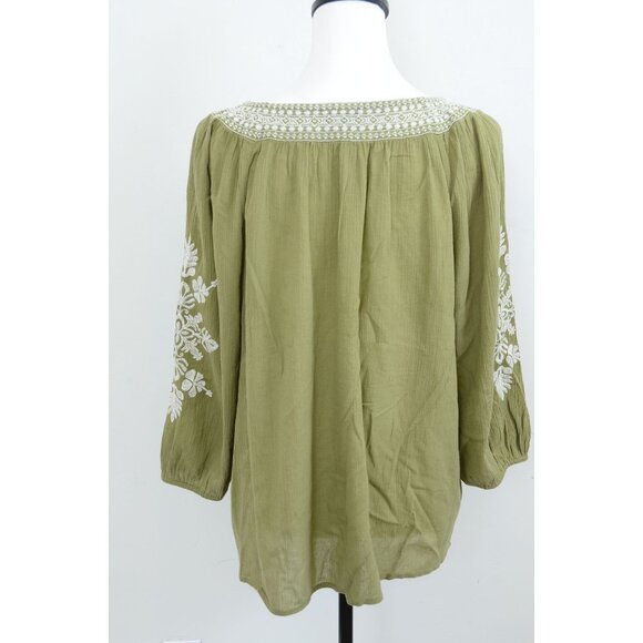 Talbots Olive Green Embroidered Peasant Blouse Size M Cotton 3/4 Sleeve Boho - Picture 4 of 8